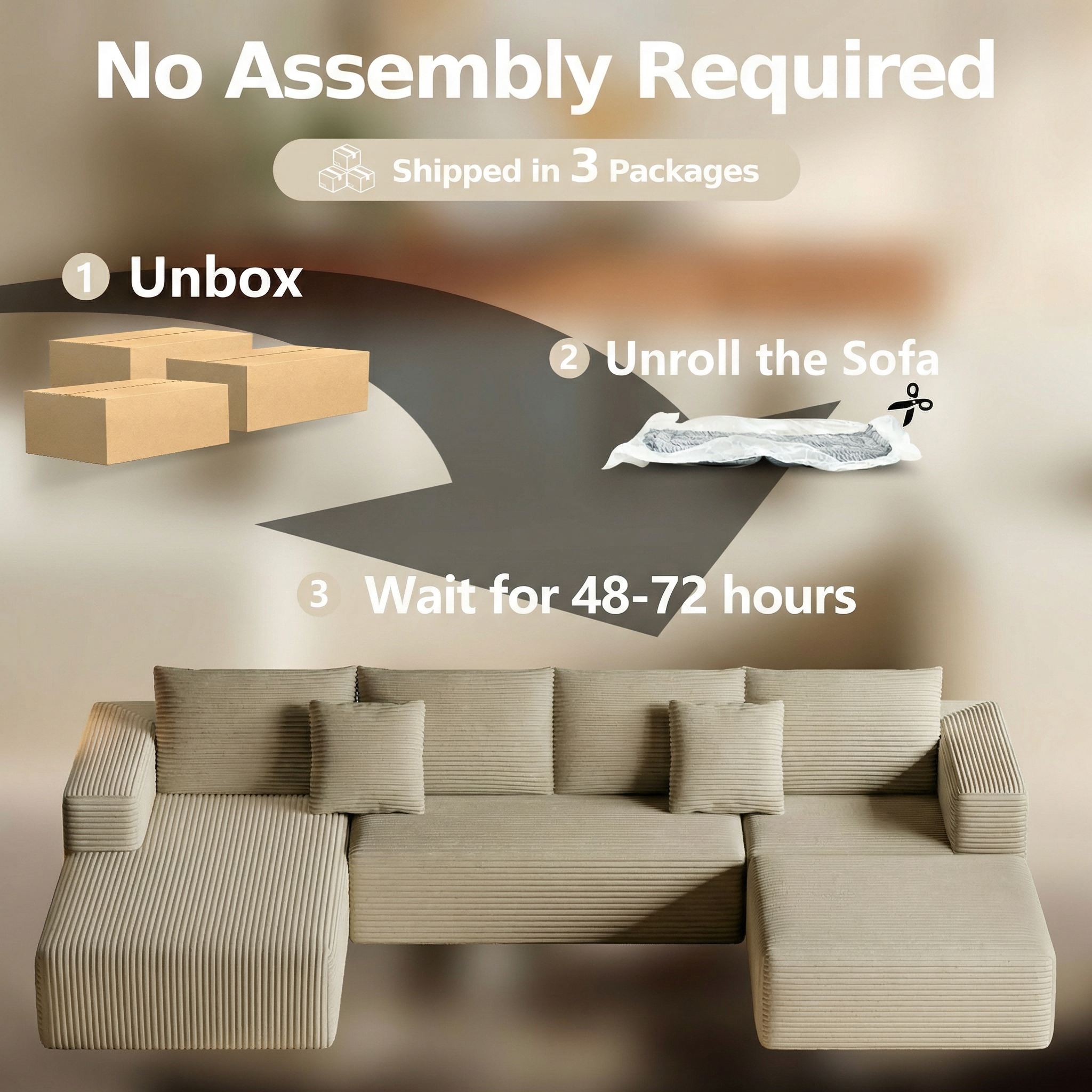 134.7" Sectional Sofa, Boneless Couch, U-Shaped Couches with Chaise No Assembly Required Modular Cloud Sofa for Living Room Apartment Theater Room - 图片 8