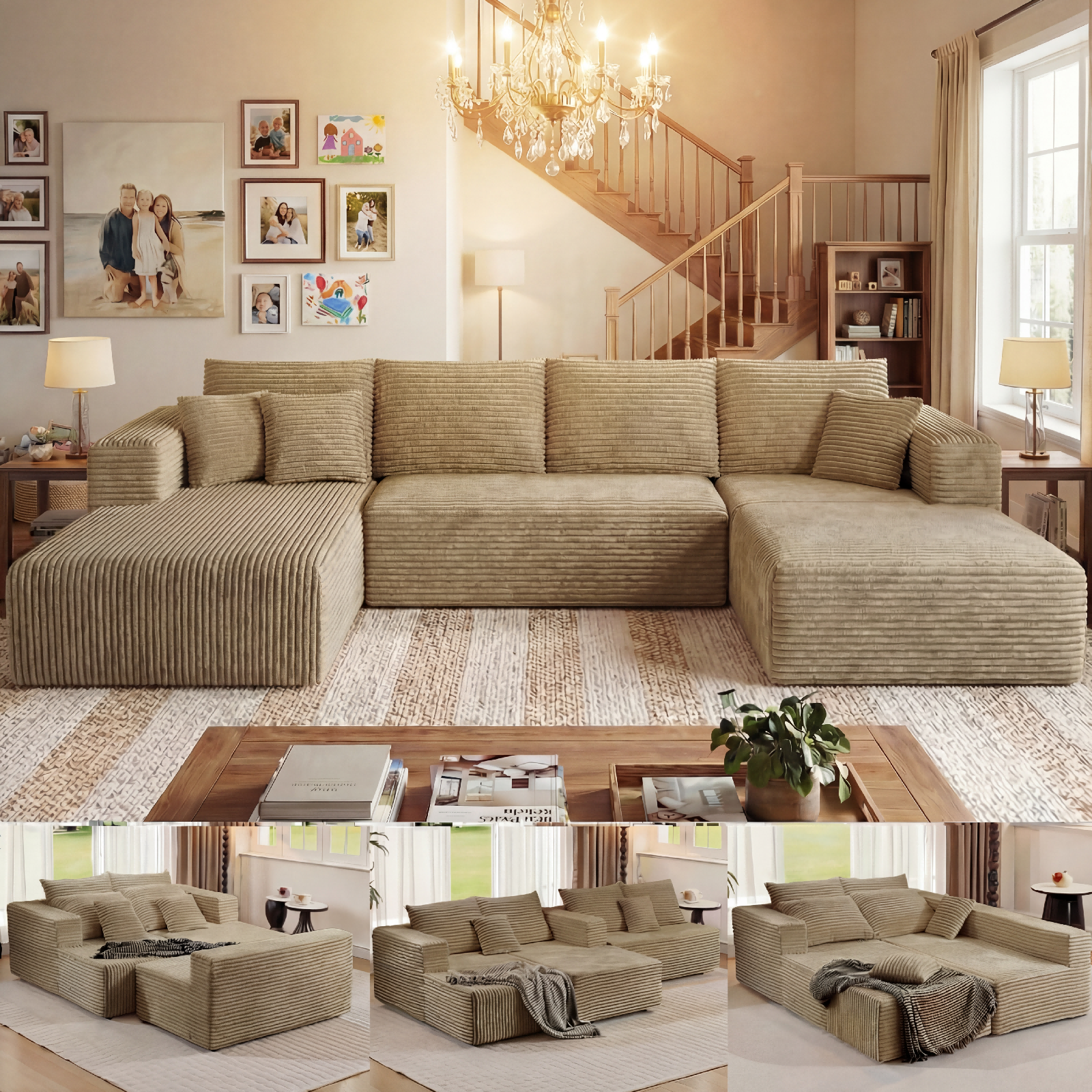 134.7" Sectional Sofa, Boneless Couch, U-Shaped Couches with Chaise No Assembly Required Modular Cloud Sofa for Living Room Apartment Theater Room