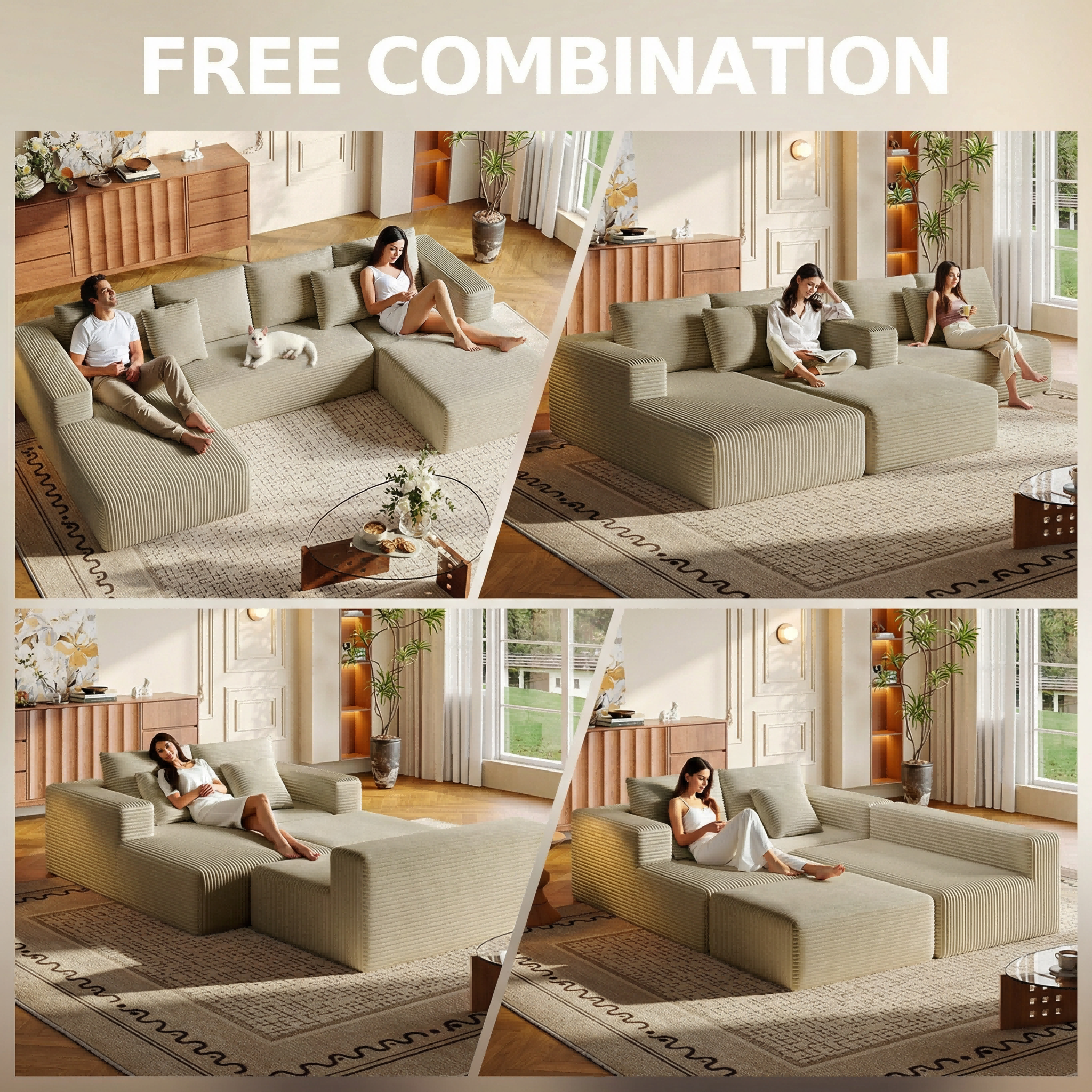 134.7" Sectional Sofa, Boneless Couch, U-Shaped Couches with Chaise No Assembly Required Modular Cloud Sofa for Living Room Apartment Theater Room - 图片 10