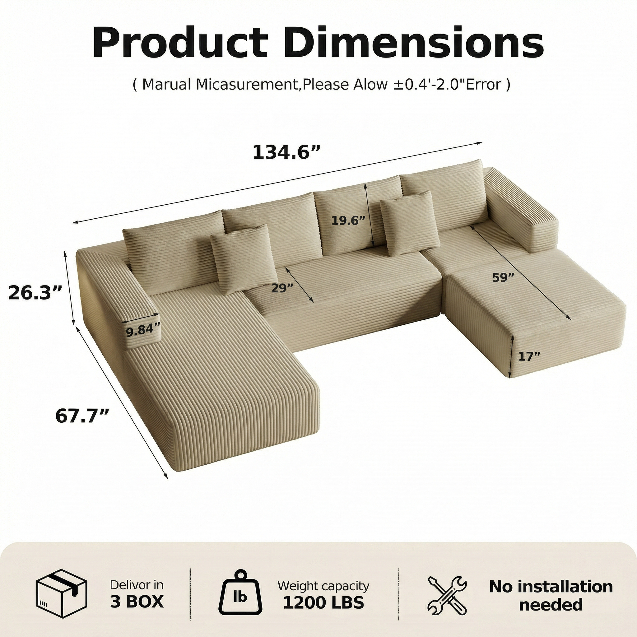 134.7" Sectional Sofa, Boneless Couch, U-Shaped Couches with Chaise No Assembly Required Modular Cloud Sofa for Living Room Apartment Theater Room - 图片 2